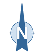 A blue compass rose with a large letter "N" in the center, featuring a pointed arrow extending upwards.